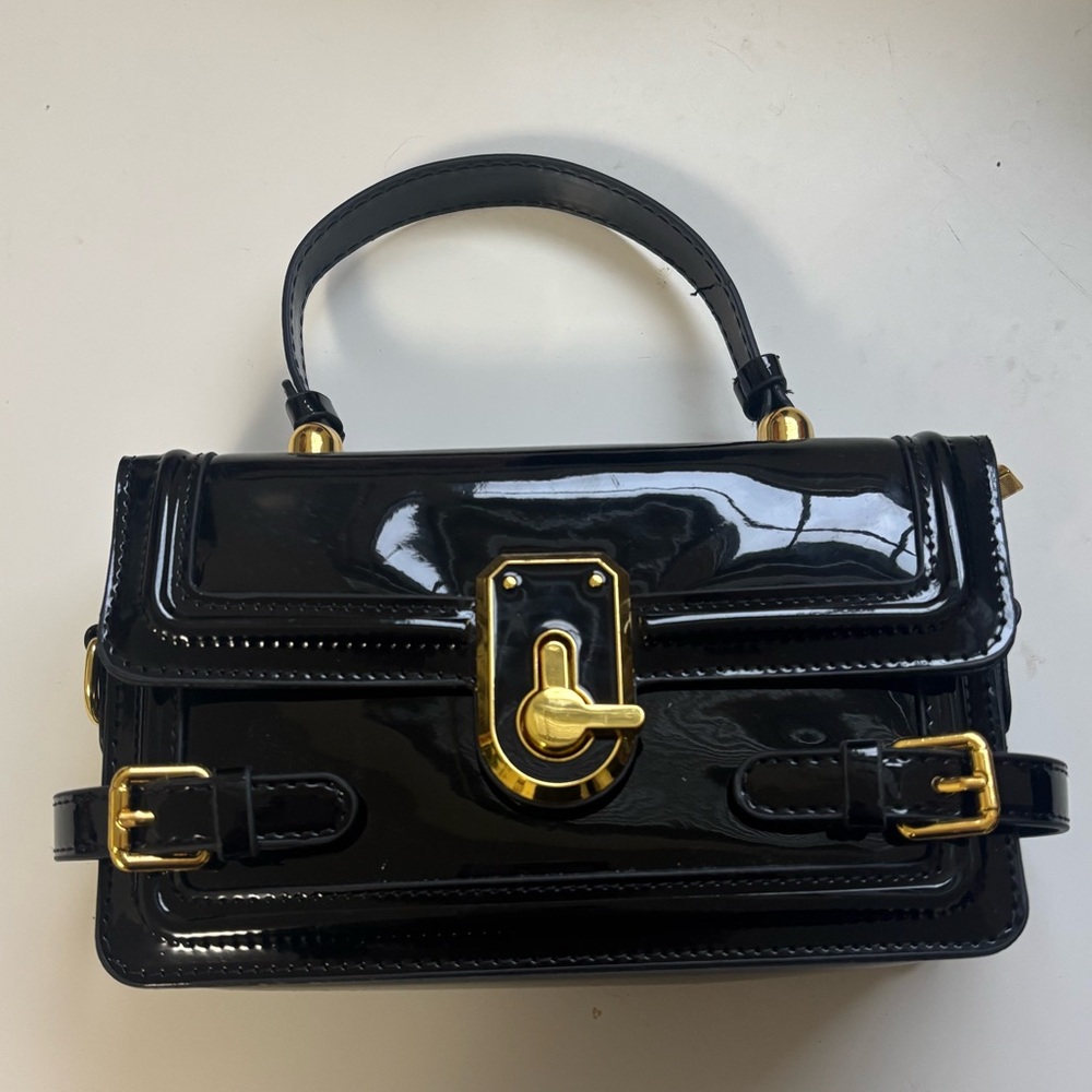 Black Patent Leather Top-Handle Bag with Gold Hardware